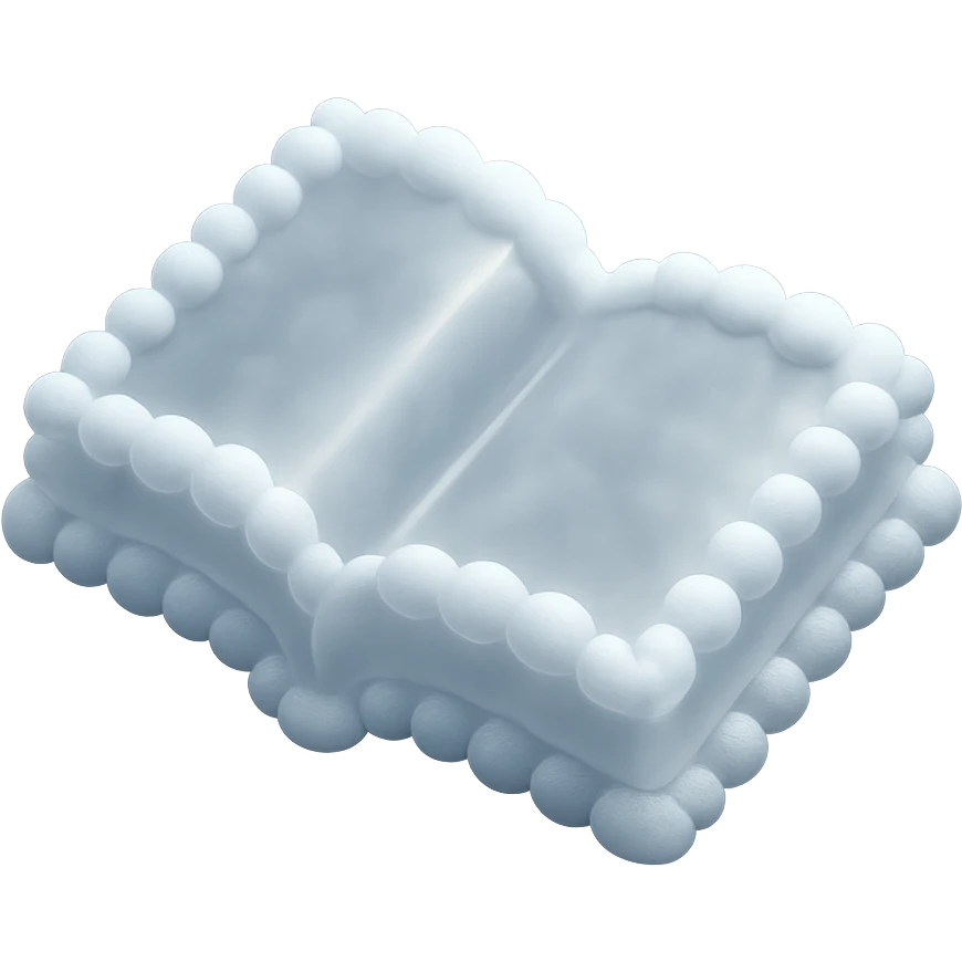 top view of a thick open book made entirely of small, very bright white fluffy convex clouds, matte glass style emoji