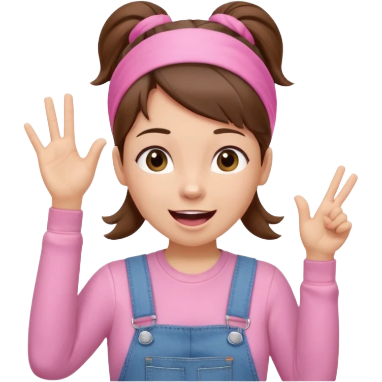 preschool teacher with brown hair pulled up in high ponytail and light pink headband. Has a pink t-shirt with denim overalls. Expression is happy and friendly with mouth wide open. Has one hand up waving hello. emoji