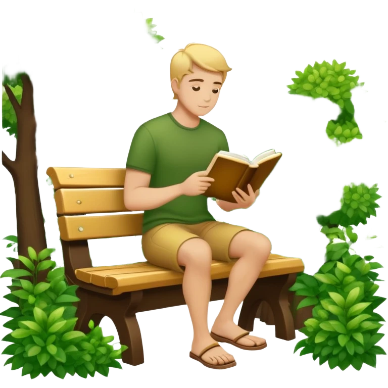 silhouette of white man sitting with book on bench surrounded by trees/bushes gold color palette emoji