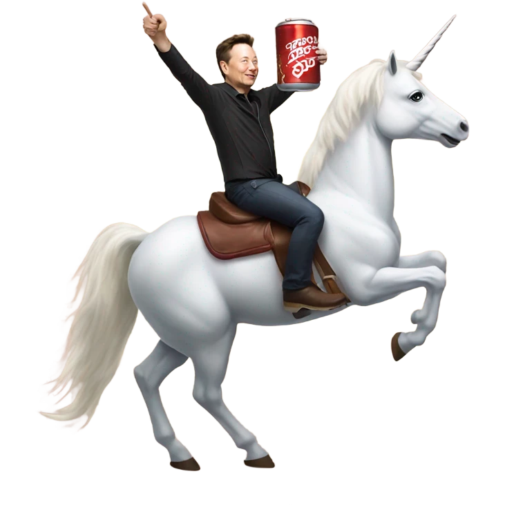 Elon musk riding a unicorn whilst drinking cola emoji