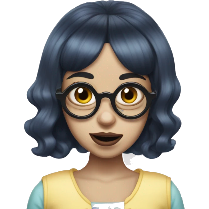 Melanie Martinez with split died hair, and with her 4 eyed mask on emoji