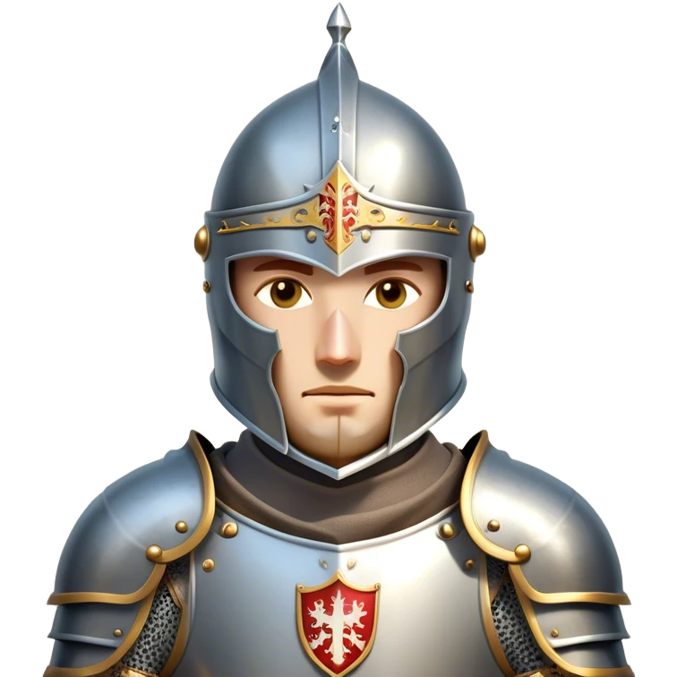 Clash of Clans aesthetic: Cinematic heroic Armored Knight Hero close up Emoji, rendered in a 3D vector-style similar to standard emojis with minimal shading and bold, simplified shapes. A compact, isometric warrior clad in gleaming plate armor with intricate heraldic details, softly glowing with a chivalrous medieval charm. Simplified yet unmistakably iconic, highly detailed and consistent, glowing with a soft radiant shine and high polish. Stylized with a touch of noble valor and a soft glowing outline, wearing a full face helm so that no face is visible with only eyes visible, capturing the essence of a gallant knight ready for honorable battle with a friendly, playful manner! emoji