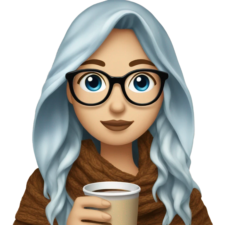 Balayage hair Girl drinking coffee, with a cozy blanket wearing glasses with blue eyes  emoji