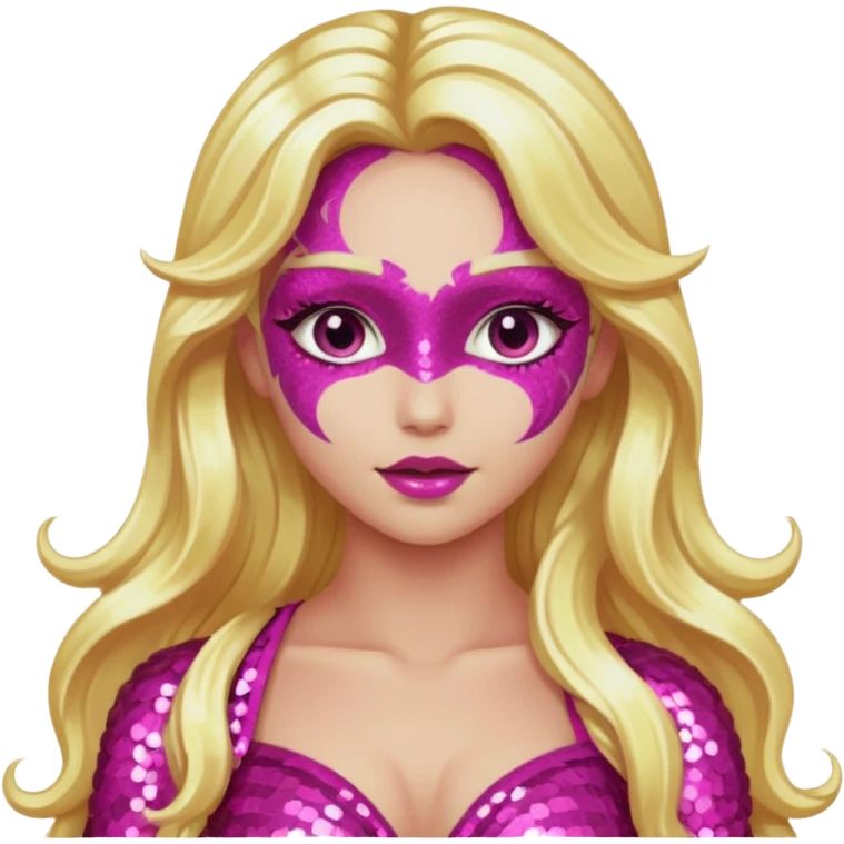 Venus, Love Goddess with metallic pink skin, long blonde hair, dark pink sequin outfit emoji