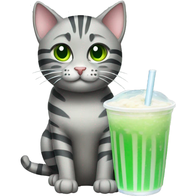 A striped grey cat with green eyes drinking boba emoji