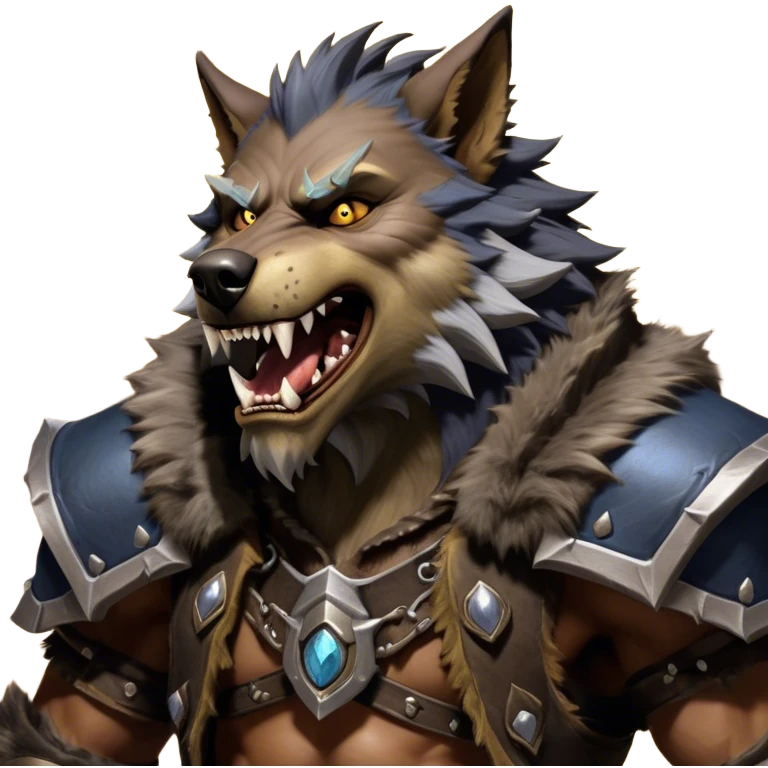 Cinematic Realistic WoW Worgen Portrait, head tilted dramatically with an exaggeratedly amused expression, blending ferocious beastliness with a touch of unexpected humor. His rugged fur, tanned skin, and worn leather garments are rendered with meticulous detail and dynamic lighting, high shine, dramatic yet whimsical, capturing the essence of a worgen whose epic might is tempered by a playful, irreverent charm. emoji