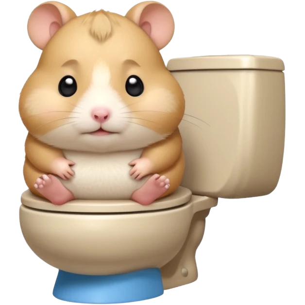 Cute chubby cartoon-style hamster sitting on toilet looking as if he had an accident, sticker-style illustration emoji