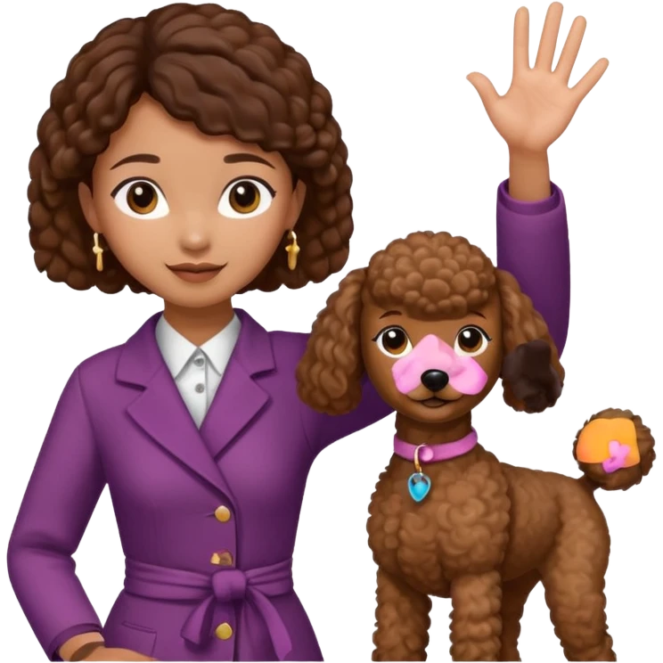 Asia tie up hair girl with brown poodle say good bye emoji