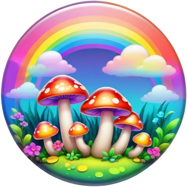 A round psychedelic colored button with bezeled edges and rainbow colored mushrooms emoji