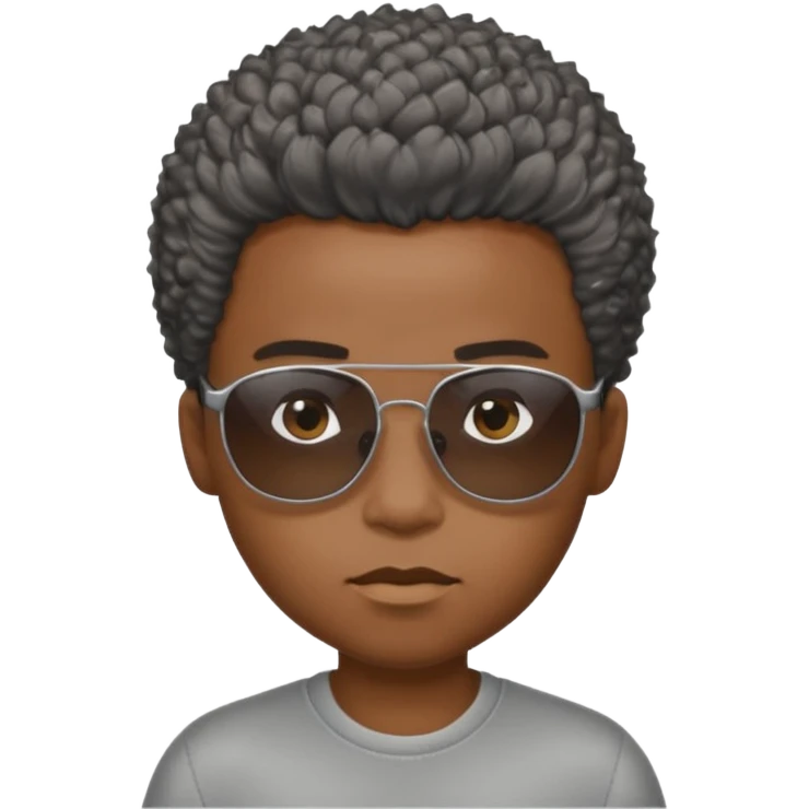 Un garçon,de couleur noir avec des lunettes de soleil grise,il a des cheveux crépus et au dessus de sa tete il est écrit BOUSS  emoji