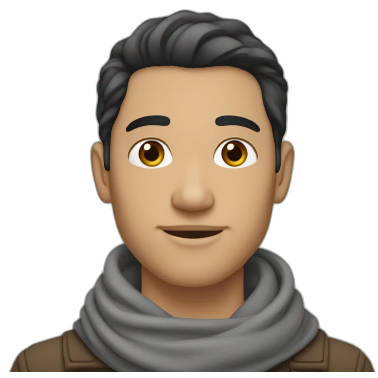 man with light skin tone and long straight dark hair down to his chin with a wavy hairstyle and a thin nose wearing a long gray scarf emoji