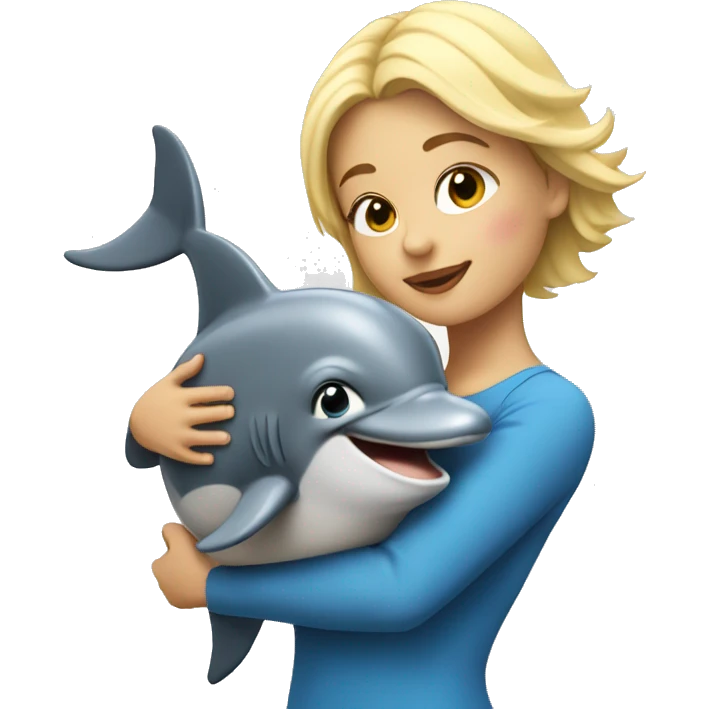 blonde woman with short hair hugs a Dolphin emoji