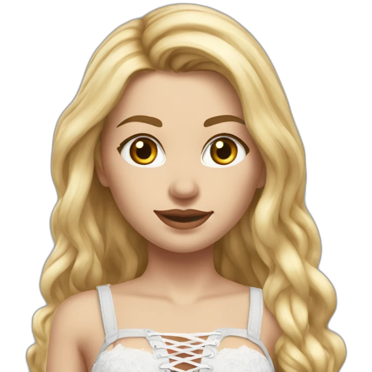 hyperrealistic caucasian blonde female, long straight hair, white lace-up crop top, tight grey mini skirt, full view emoji