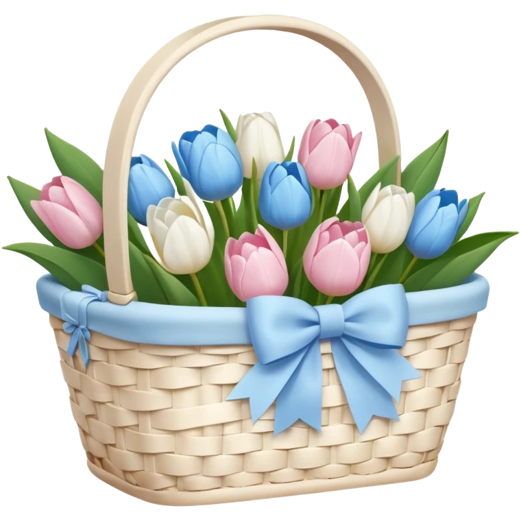 A white Picnic basket with pastel blue bow, white peonie, tulips emoji