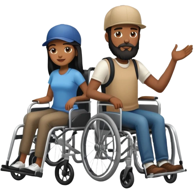 Beige skin man with a beard and cap in a wheelchair and a dark brown skin woman with long black hair in a wheelchair  emoji