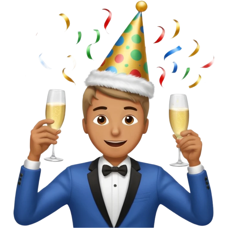 An energetic man throws his head back, drinking champagne loudly as the New Year begins. emoji