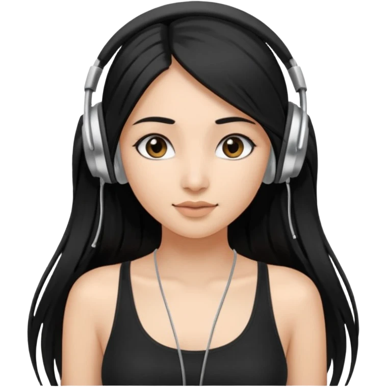 a fair indian girl with straight black long hair, wearing a black cami top. and wearing silver  headphones on emoji