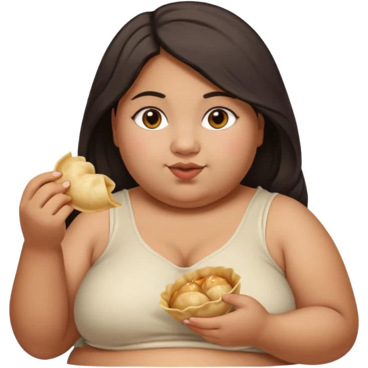 Can you create an emoji of a half Indian - half white 23 year old girl with dark brown mid length hair and brown eyes who is super obese and eating a dumpling. Full body and make her really fat emoji