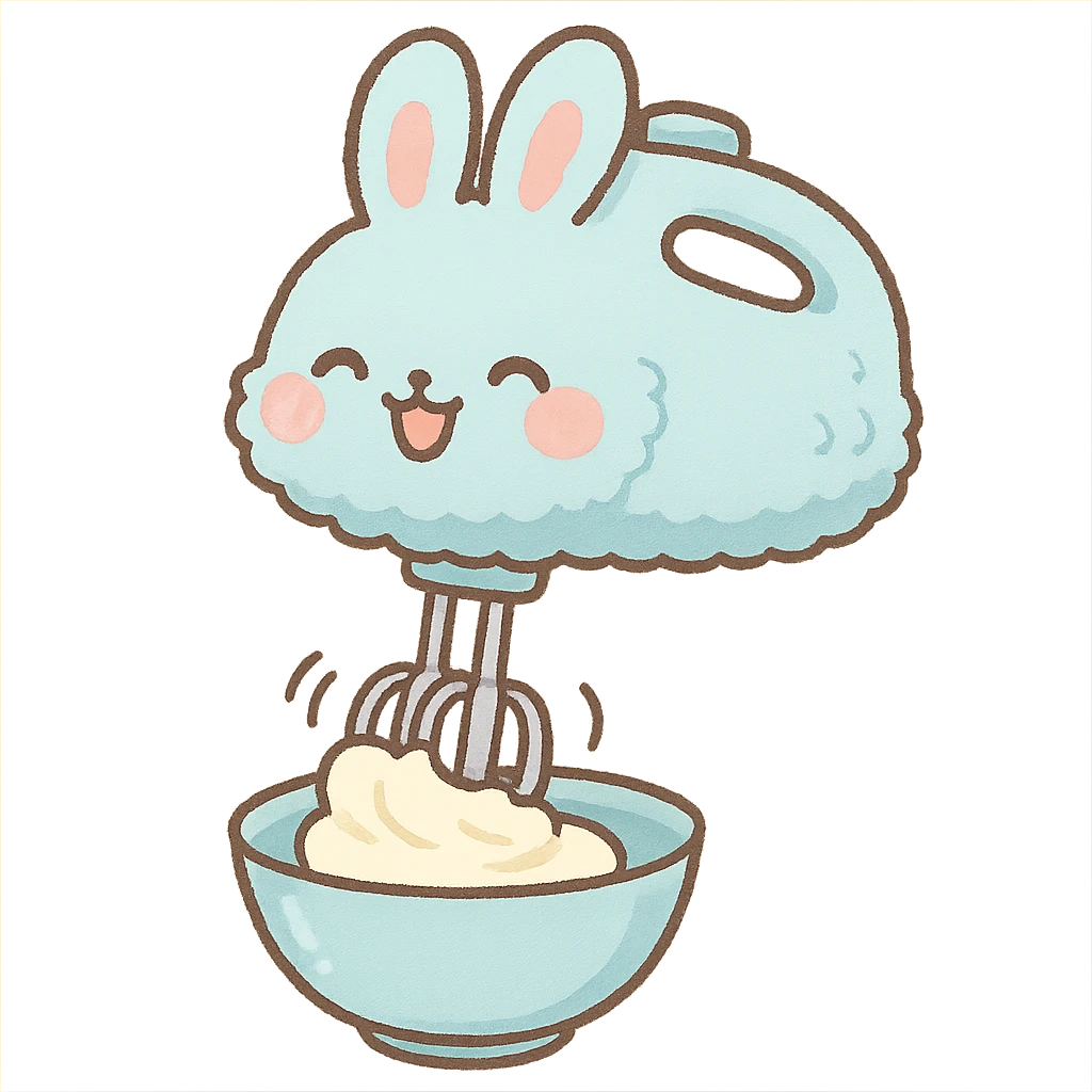 kawaii style soft fluffy rabbit as a hand mixer, spinning cream, joyful expression, soft pastel blue, full-body emoji