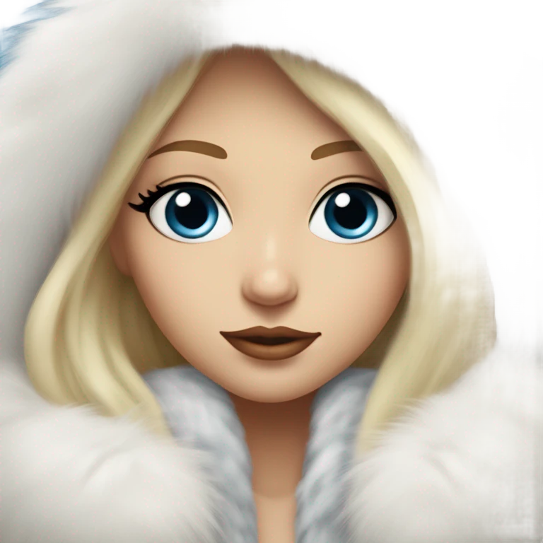 Beautiful Girl with lashes and blue eyes, blonde hair, in a extremely big fluffy oversized white fur coat with hood on. The fur is real and it’s very obvious big and fluffy  emoji