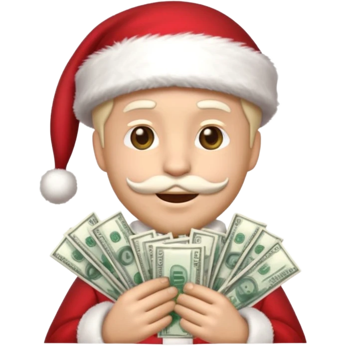 A confident rich emoji face wearing a Santa hat, money stacks, casino vibe, New Year theme, premium 3D emoji style, sharp details, no text, isolated on transparent background emoji
