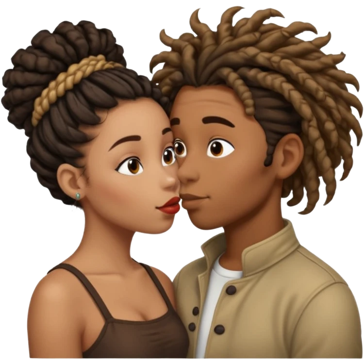 Brown boy with dreadlock kissing black girl with curly bun emoji