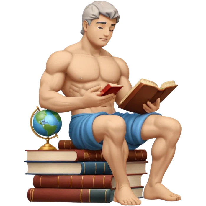 stoic muscular stone statue reading a book while sitting on books, globe present emoji
