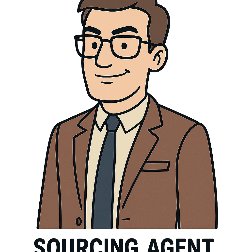 sourcing agent, business attire, confident, minimal background, cartoon style emoji