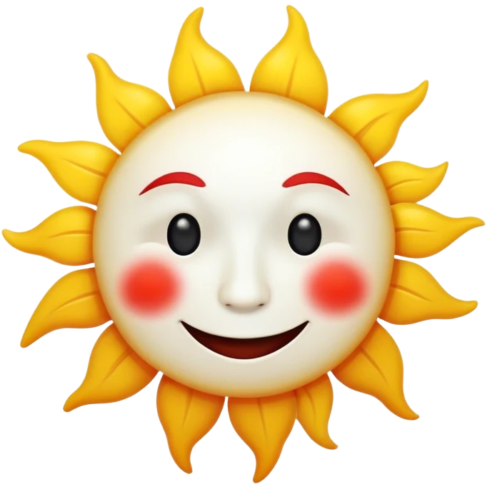A smiling cartoon sun, with a white face, with black eyes and nose, with a smiling smile, and the color of the sun's brightness is red and yellow. emoji