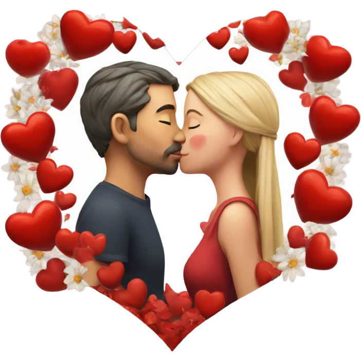 Hyper Realistic Couple kissing surrounded by red hearts and flowers  emoji