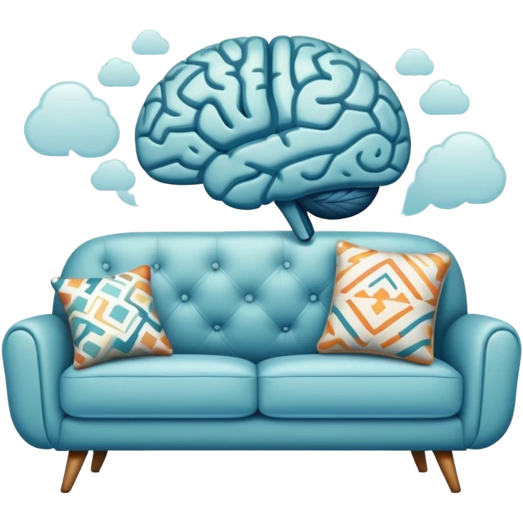 An icon featuring a brain, a couch, and a psychological test, symbolizing the study of psychology. The design includes abstract patterns representing the mind, with a calm, therapeutic setting in the background. Transparent background highlights the exploration of human behavior and mental health. emoji