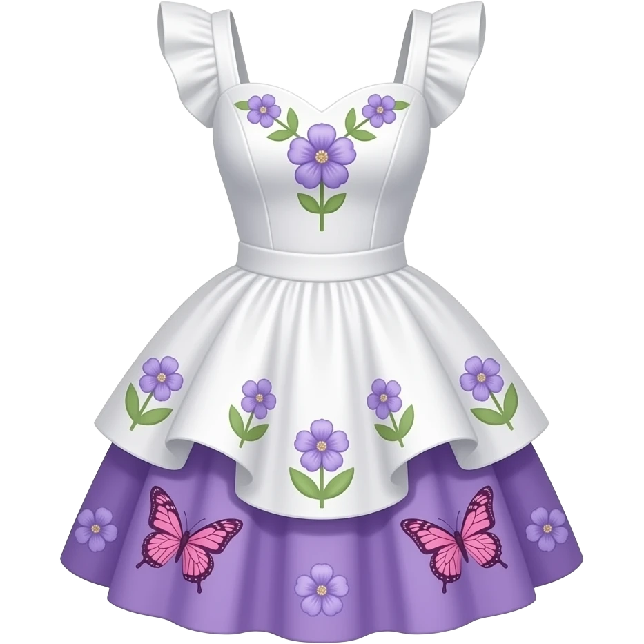 vestido de vuelo parte arriba blanco con flores violetas y la parte inferior con tablas violeta con mariposas rosas emoji