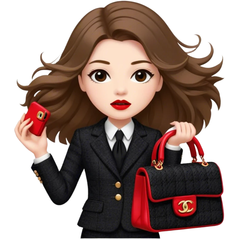 White girl with brown long hair dressed up in black chanel tweed suit with a red chanel bag and red lipstick. Close up with wind blowing her hair looking fancy emoji