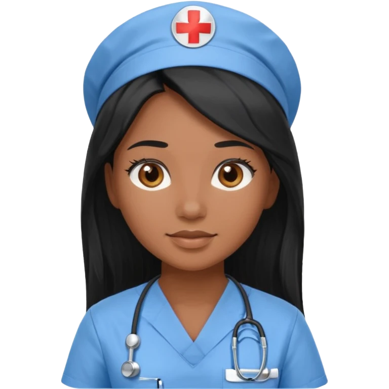pretty brown skin nurse with long black hair and brown eyes in light blue scrubs emoji