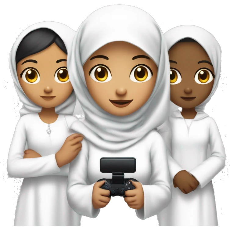 an olive skinned woman wearing hijab with white hijab and white long formal clothes. with black eye and big eye small nose small mouth with a bit long chin . with her nephew and niece . holding a controller playstation. so many actions family members  emoji