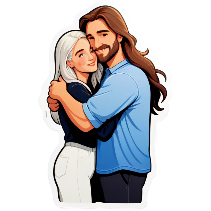 White man hugging white woman with long hair emoji