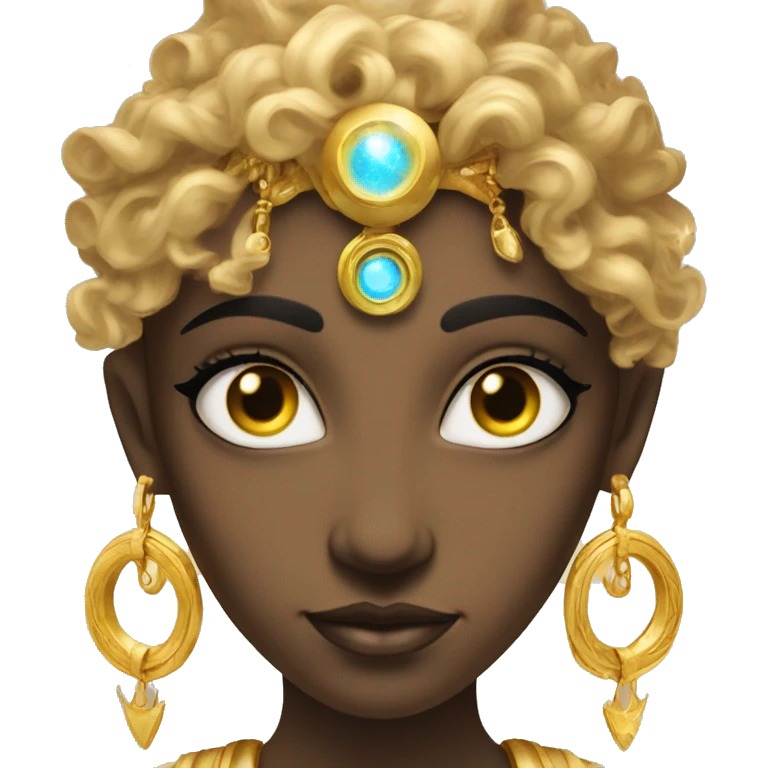 Divine goddess with golden jewelry and eyes that show a portal to space emoji