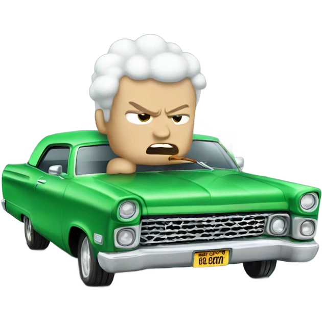 Block face, angry little white man smoking and blowing big clouds wow riding in a green Lowrider emoji