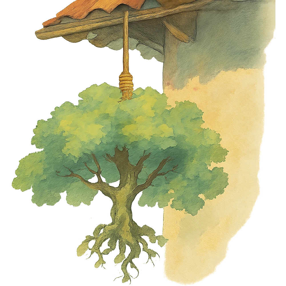 ghibli style illustration of a tree hanging from a roof, soft colors, whimsical emoji