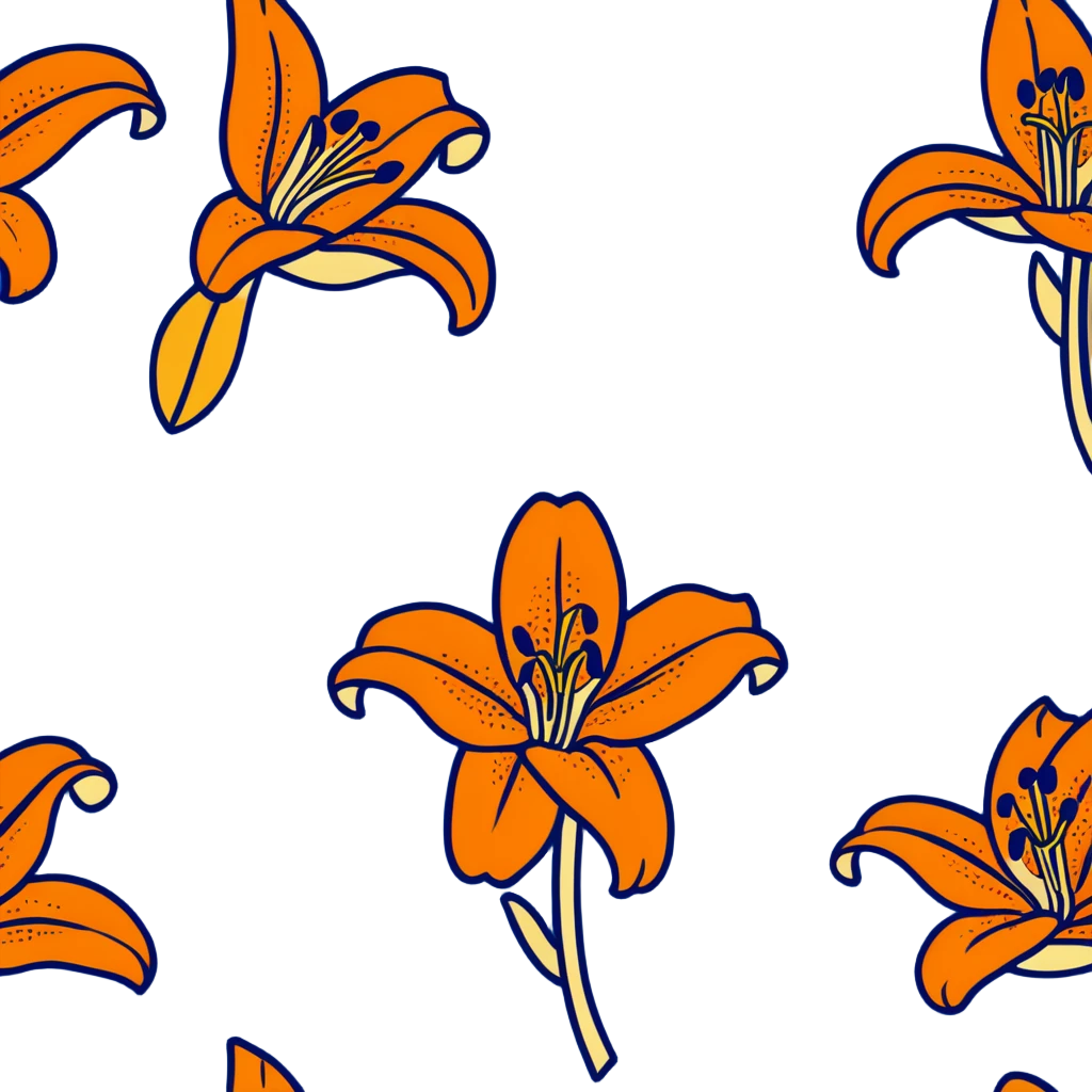 Artistic Japanese tiger lily (oniyuri) flower with stylized composition reminiscent of kimono patterns, orange recurved petals with black spots, gold accents, on indigo background emoji