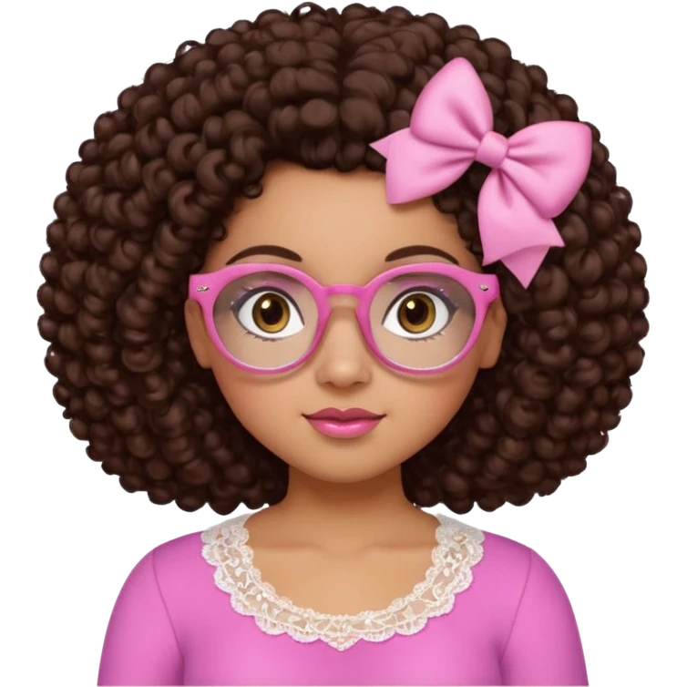 medium-light kinned afro-latina girl with medium length chocolate brown side part curly hair, small pink bow, brown glasses, brown eyes, pink and white sweetheart necklined top with lace, round wide-ish nose, chubby oblong face emoji