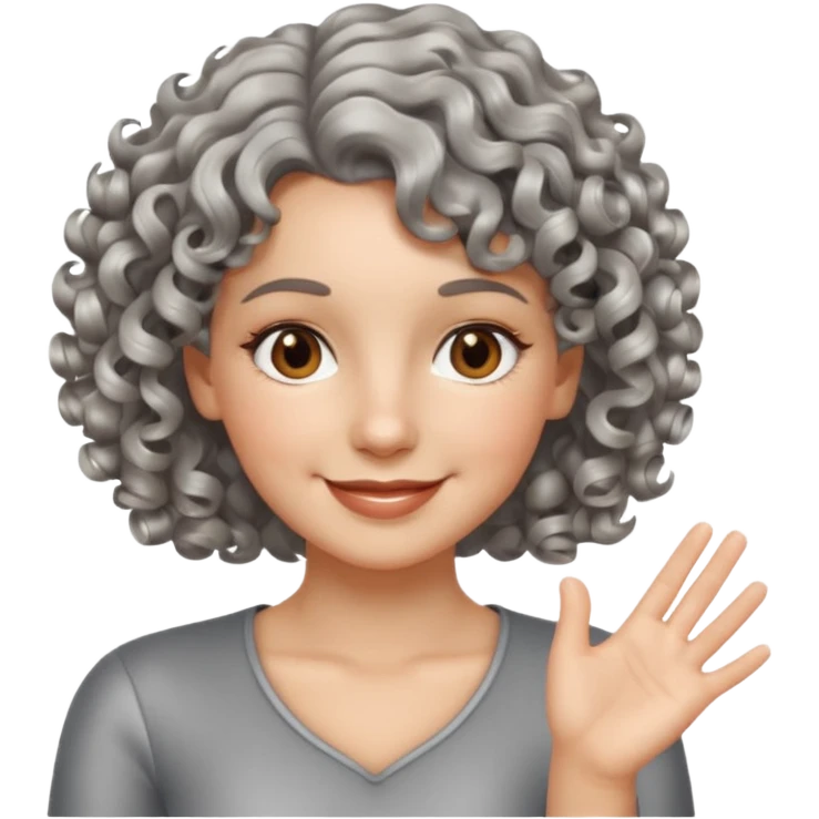 silver, short, wavy-haired with curls, smiling pretty lady, brown/hazel eyes, fingers crossed on right hand

 emoji