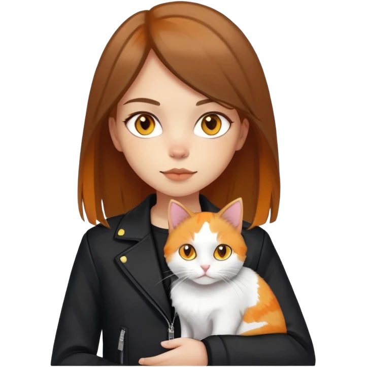 Light-skinned girl with brown straight hair wearing a black jacket, holding one pure white cat with yellow eyes and one calico cat with orange and black patches emoji