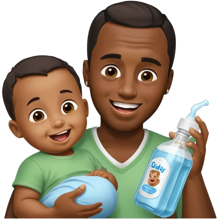 Sean “Diddy” Combs with baby oil and a very small infant and he’s pouring the baby oil on the infant that is laughing with a very exaggerated expression emoji