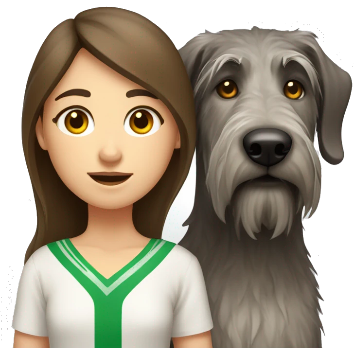 brown hair girl and Irish wolfhound dog with white spot on chest emoji