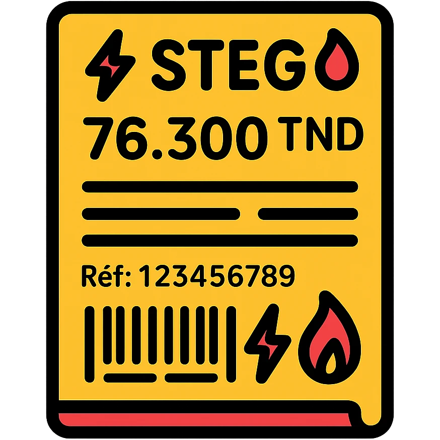 flat clean vector icon of a Tunisian STEG bill, bordered paper, text '⚡STEG🔥' at top, amount '76.300 TND', barcode, reference line 'Réf: 123456789', horizontal lines for details, electricity and gas icons, modern clear Tunisian-inspired, no background emoji