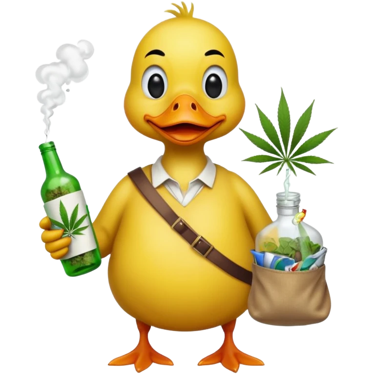 Drunk and high duck animal holding wĺeed bottle and a bag of weed. Looking really drunk emoji