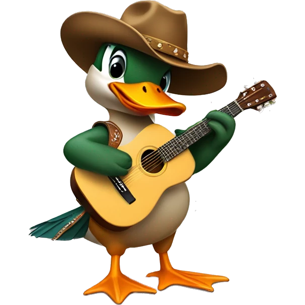 a mallard duck wearing a cowboy hat and playing an acoustic guitar  emoji