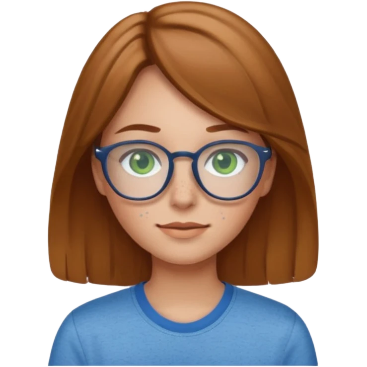 Create an emoji of a girl with light brown hair medium length hair, green eyes, freckles, glasses and wearing a blue shirt emoji