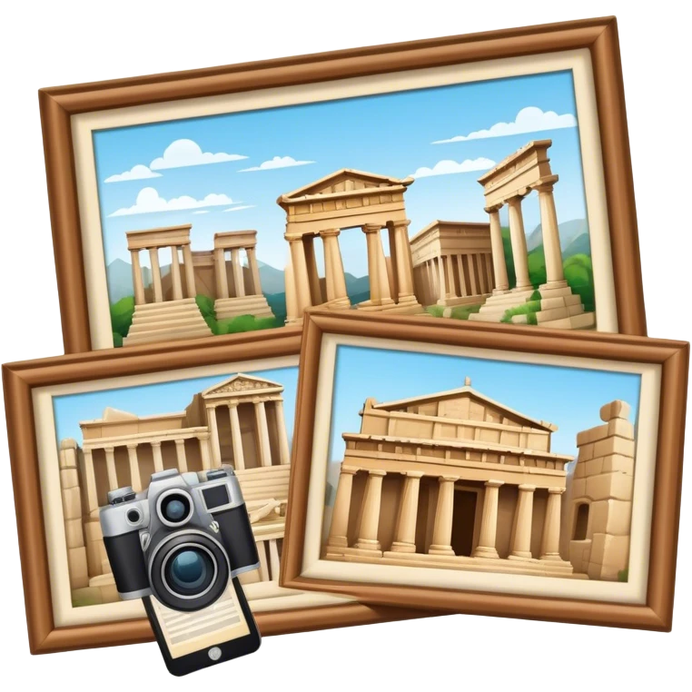 Icon for Historical and Cultural Tourism: iconic landmarks like ancient ruins, a museum and a historical monument, with a travel guidebook and camera. The icon should capture the exploration of history and culture. Transparent background. emoji